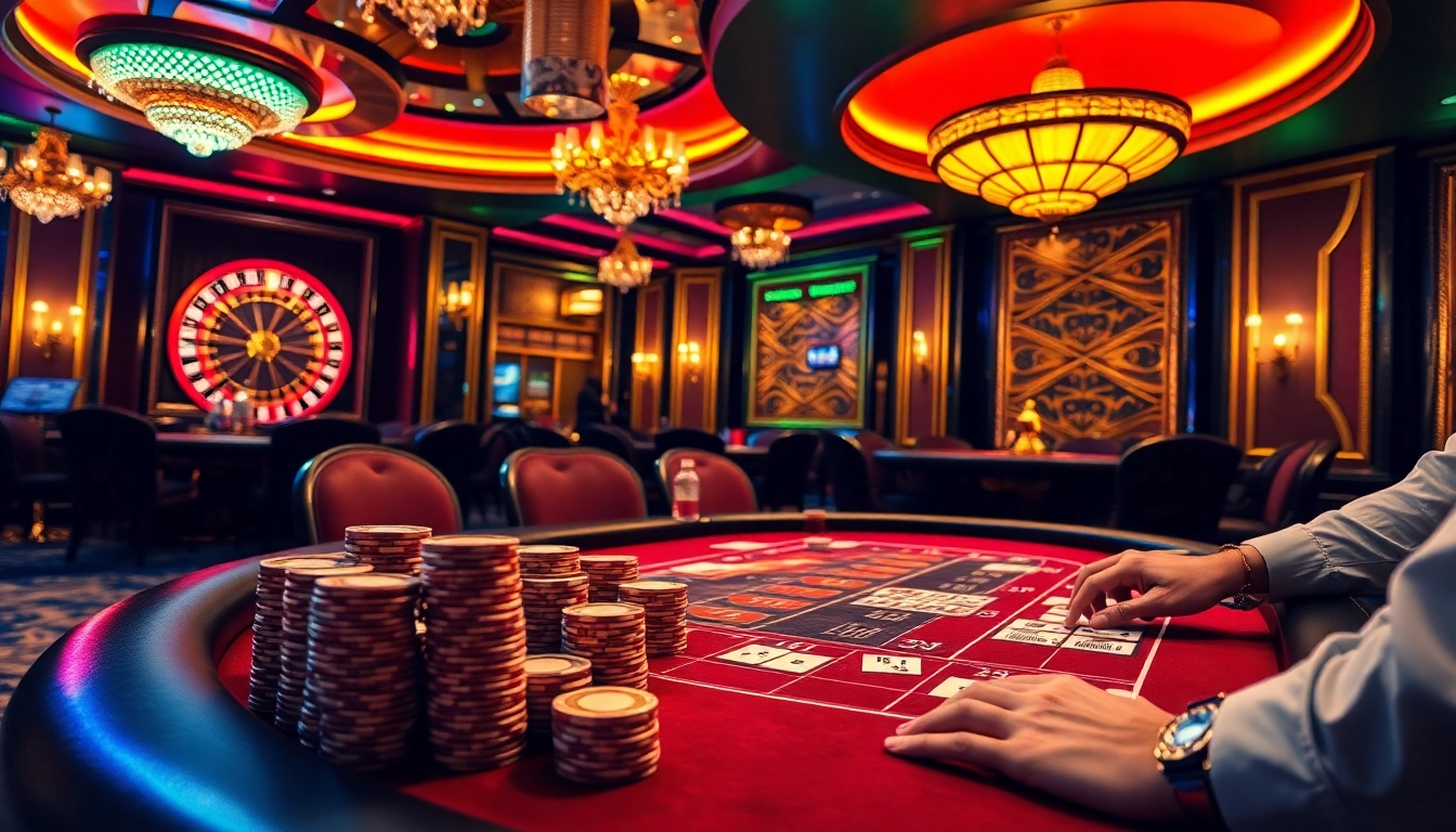Players strategize at a poker table in a vibrant casino, enhancing the thrill of https://x88ni.com/.