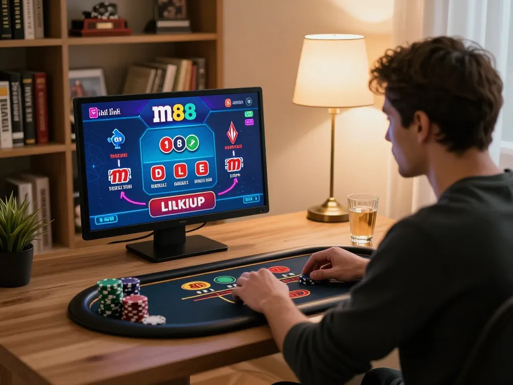 Pemain yang terlibat menjelajahi link m88 di tablet sambil menikmati blackjack dealer langsung di rumah.