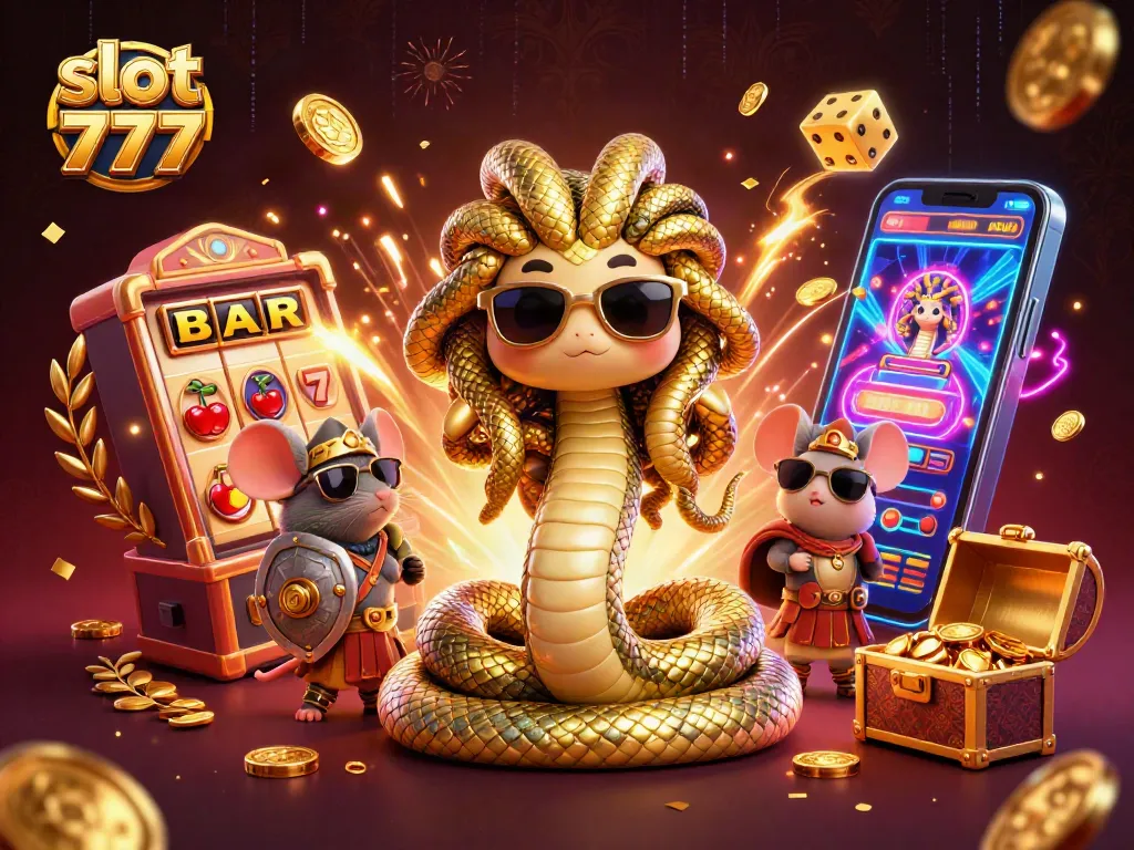 Putar slot 777 dengan Medusa lucu dan mouse pejuang dalam ilustrasi kasino yang megah.