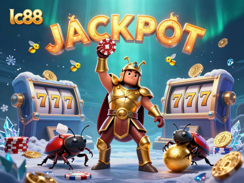 Engaging lc88 casino scene showcasing a victorious beetle champion surrounded by vibrant slot games and crypto symbols.
