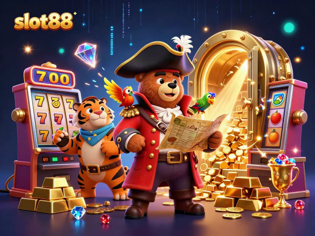 Experience thrilling gameplay with slot88 in a vibrant, detailed casino scene featuring a bear pirate and tiger companion.