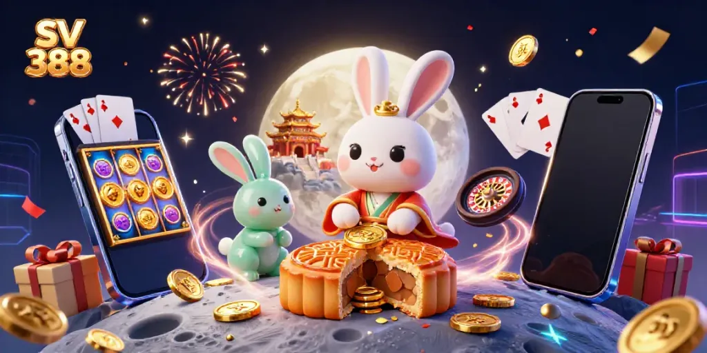 Experience thrilling gameplay with SV 388 as cartoon characters reveal poker chips and casino elements in a vibrant lunar scene.