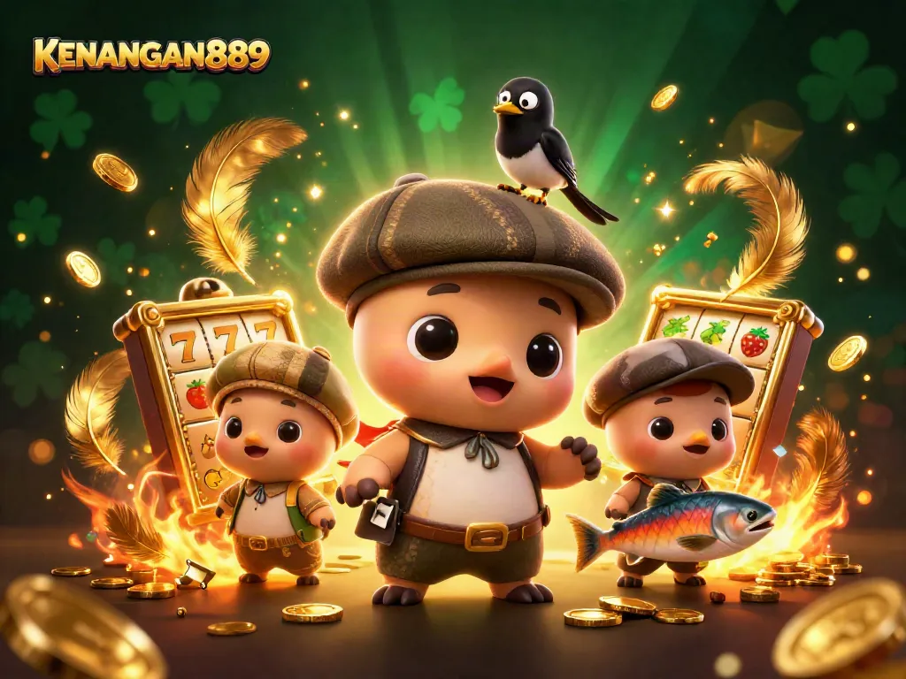 Spin the reels with KENANGAN889 as playful characters charm in a casino adventure.