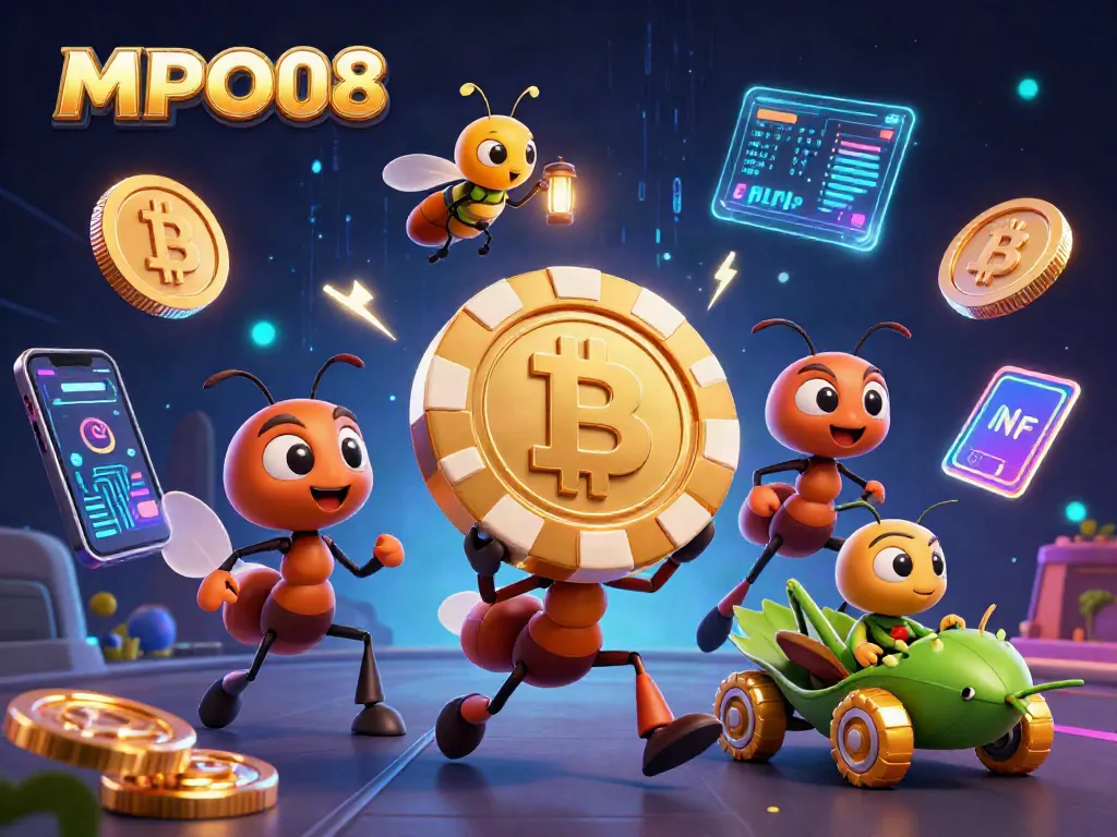 MPO08 features ants heisting oversized poker chips in a dynamic, detailed 3D scene full of cryptocurrency elements.