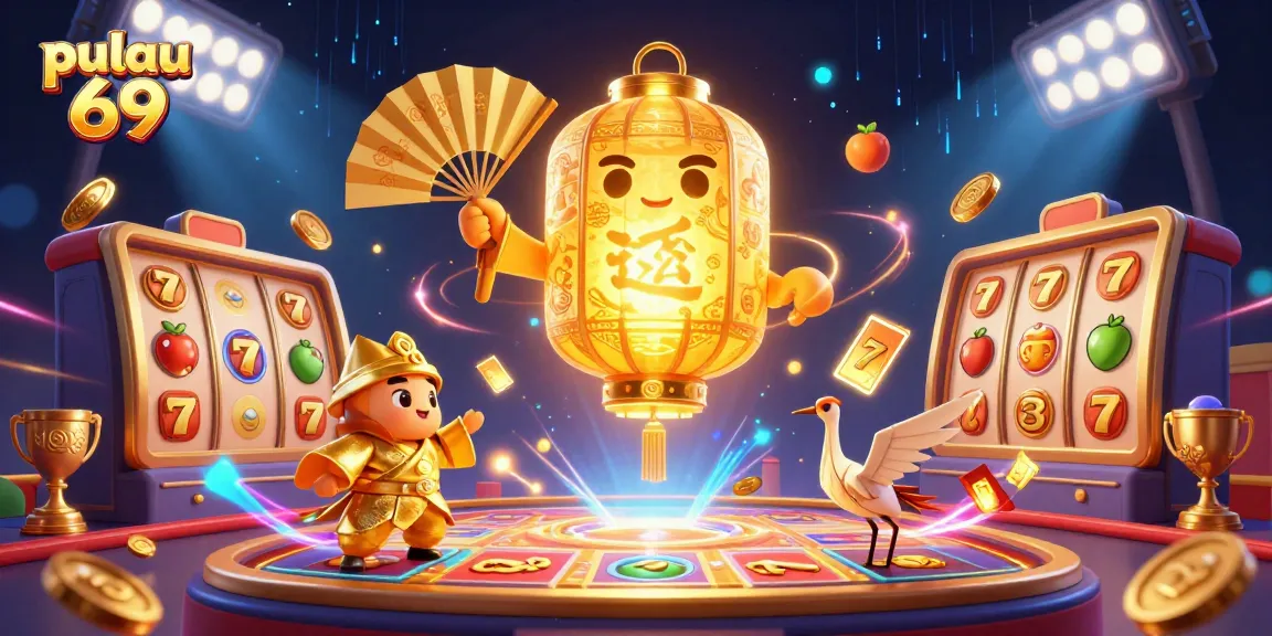 Play winning slots with pulau 69 as golden lanterns and dynamic elements enhance excitement and luck in this vibrant casino scene.