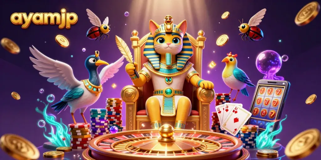 Experience thrilling gameplay with ayamjp, featuring a pharaoh cat and dynamic casino elements.