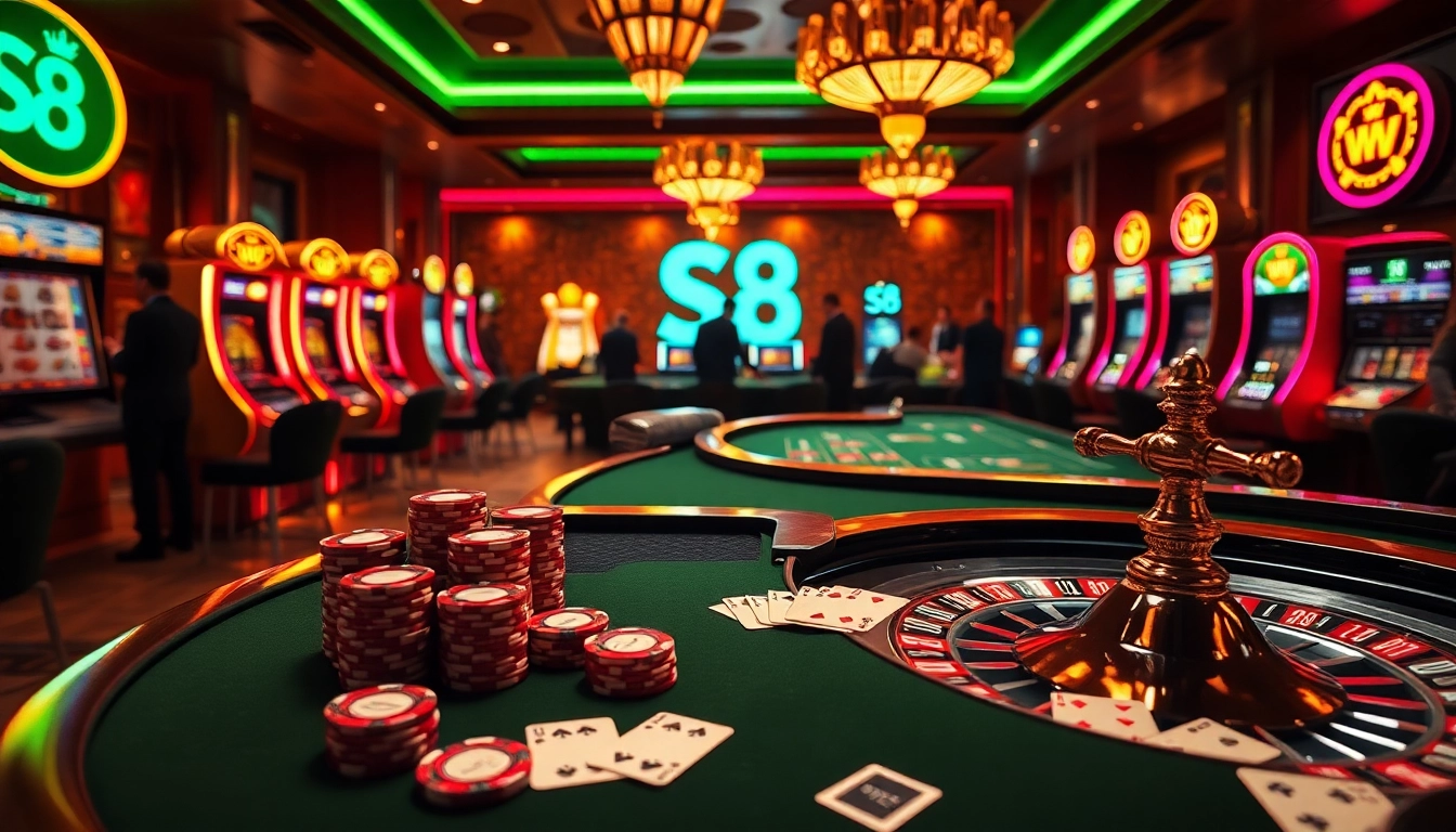 Experience a thrilling S8 casino gaming atmosphere with poker chips and roulette wheels.