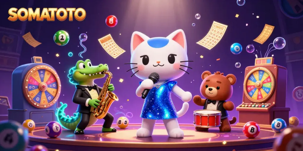 Create winning moments at SOMATOTO with a vibrant casino scene featuring colorful lottery elements and animated characters.