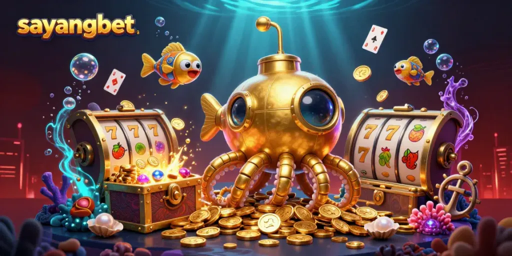 Explore exciting gaming opportunities at sayangbet with vibrant underwater casino-themed illustration.