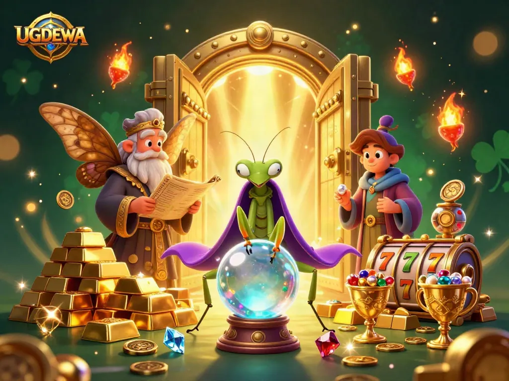 Engage in thrilling gaming with UGDEWA's vibrant slots and dazzling gems in a mystical setting.