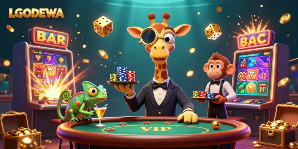 Experience the excitement of LGODEWA with vibrant 3D characters amidst colorful casino elements and gold coins.