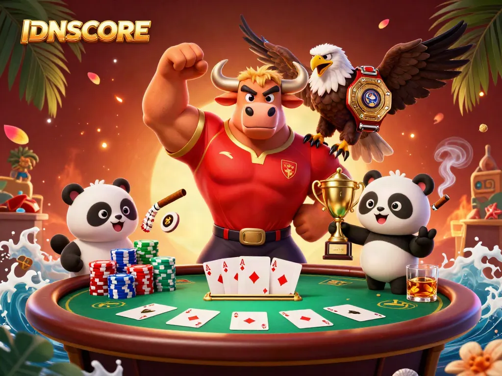 Experience the excitement of IDNSCORE's casino games with a dynamic victory scene featuring a champion bull, eagle, and panda.