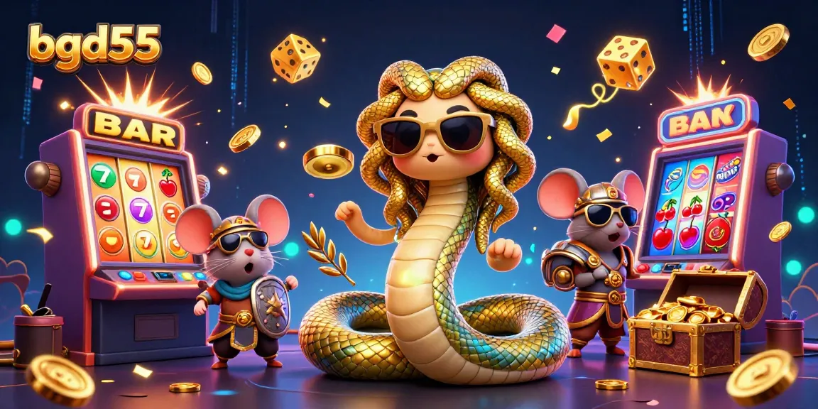 Engage in thrilling slots action at bgd55 with Medusa and a warrior amidst jackpot explosions and vibrant casino graphics.