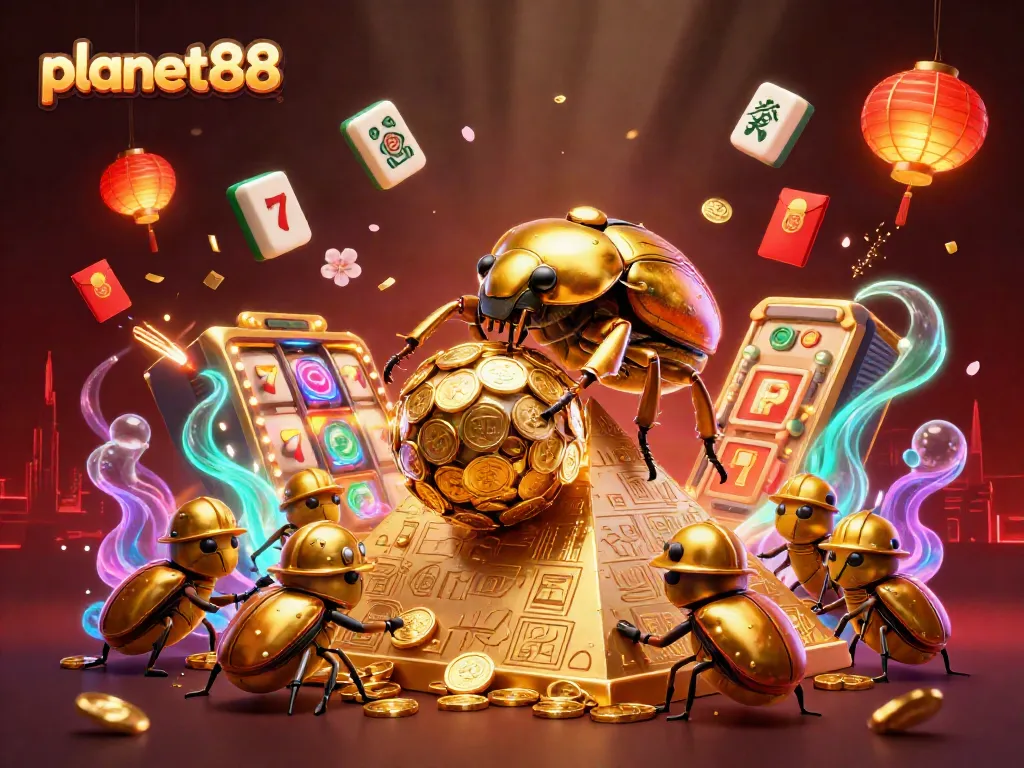 Experience thrilling wins at planet88 with vibrant jackpot-themed illustrations of a golden dung beetle and casino elements.