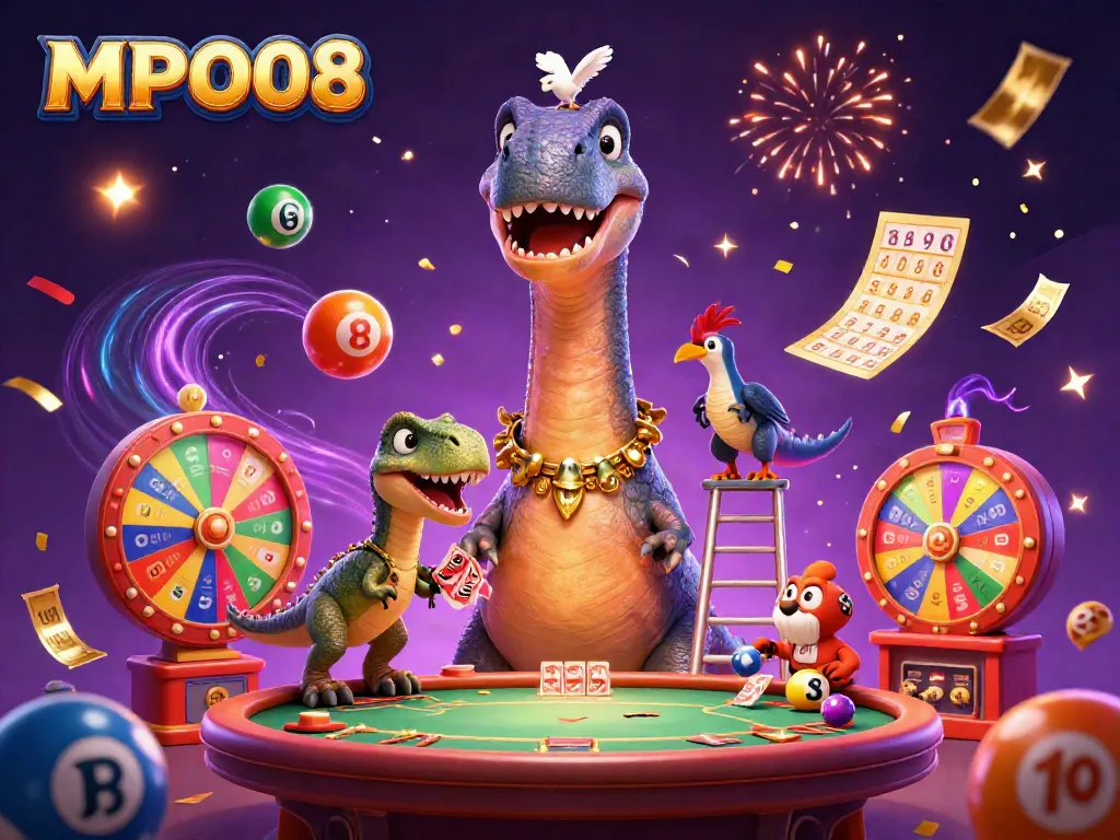 Engage with MPO08 as excitement unfolds in a vibrant casino scene with dynamic lottery elements.