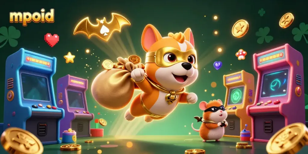 MPOID menghadirkan aksi seru dengan karakter superhero anjing terbang yang membawa koin emas dalam permainan kasino.