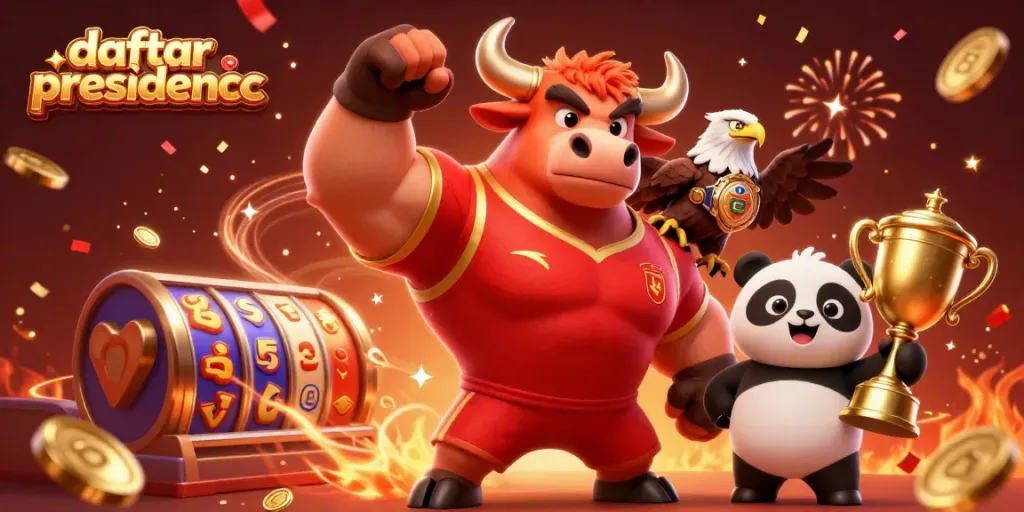 Engage in thrilling gameplay with daftar presidencc featuring a victorious bull mascot and festive casino elements.