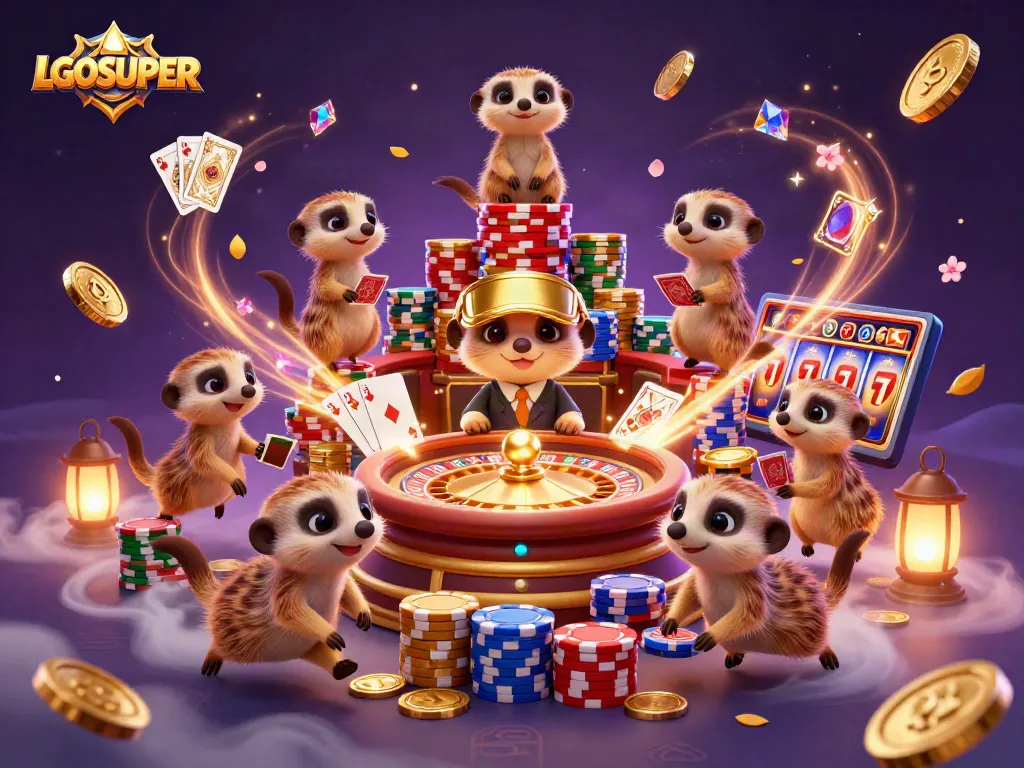 Experience LGOSUPER's thrilling casino action with meerkats amidst sparkling gems and golden coins.