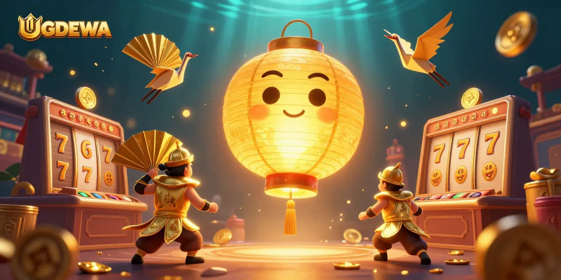 Play thrilling slots with UGDEWA’s golden lantern spirit amidst vibrant casino elements.