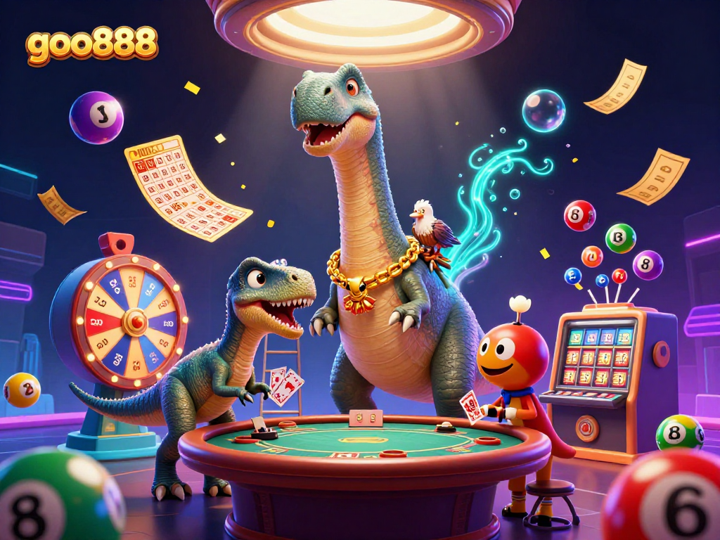 Experience excitement at goo888 with a vibrant 3D scene full of casino elements and characters.