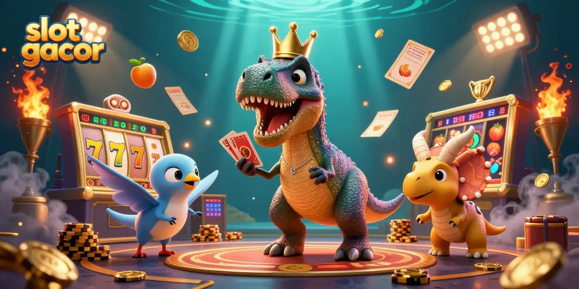 slot gacor menunjukkan T-Rex yang berusaha mengocok kartu sambil dikelilingi elemen slot memukau.