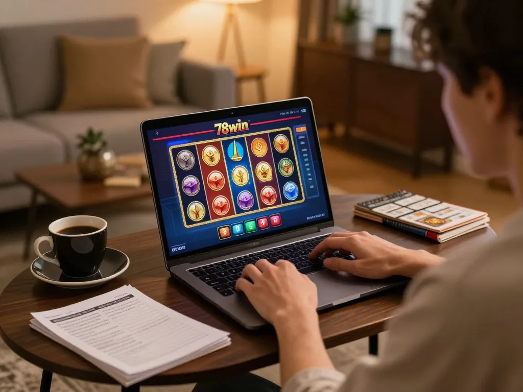 Player enjoying their gaming experience on 78win with a laptop showing vibrant casino games