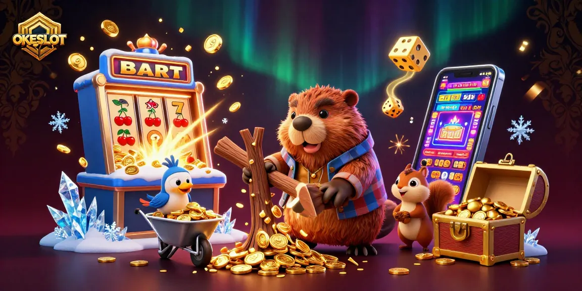 OKESLOT menampilkan ilustrasi kasino 3D yang kaya dengan karakter kartun dan simbol permainan slot.