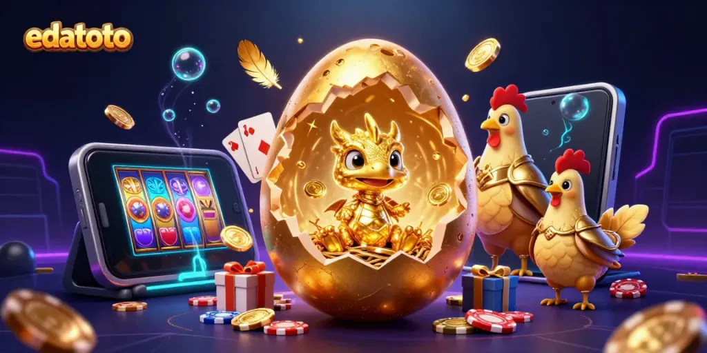 Permainan lotere dalam edatoto dengan naga emas dan telur besar yang pecah.