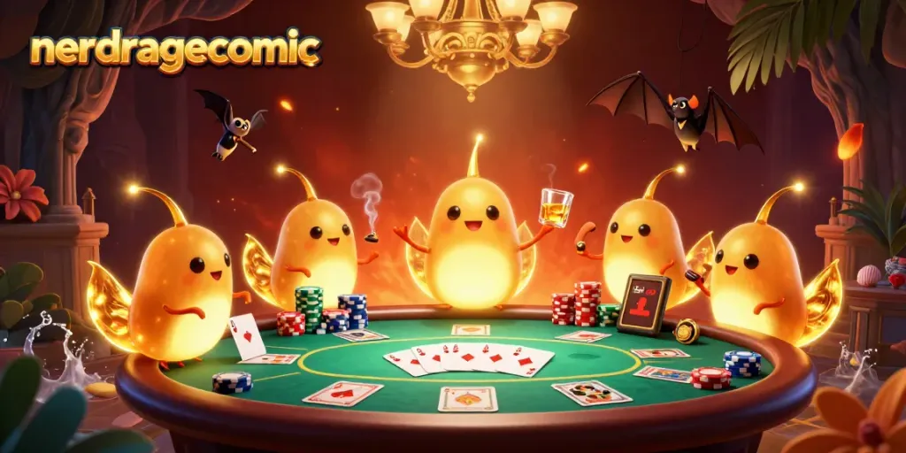 Komik nerdragecomic menampilkan taruhan poker di kasino gua yang diterangi oleh mendetail.