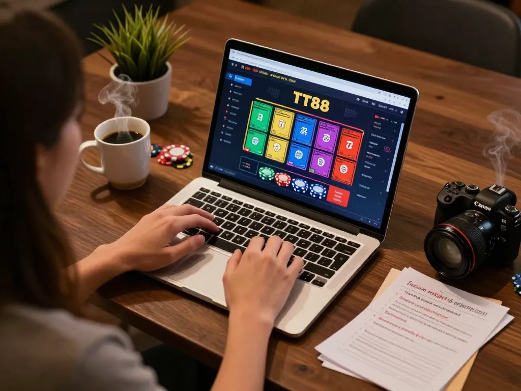 TT88 online casino user engaging at home with a laptop and strategy notes