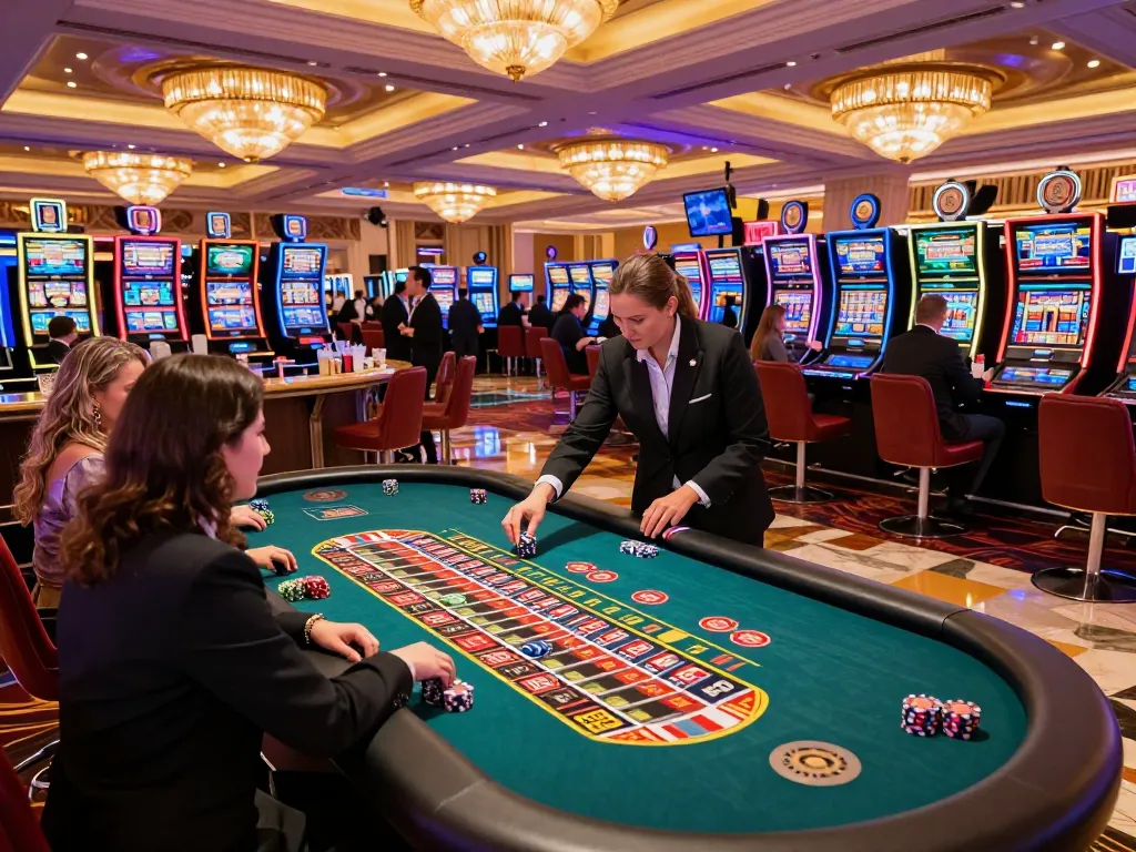 Engaged players at SC88 brand roulette table in a vibrant Las Vegas casino atmosphere.