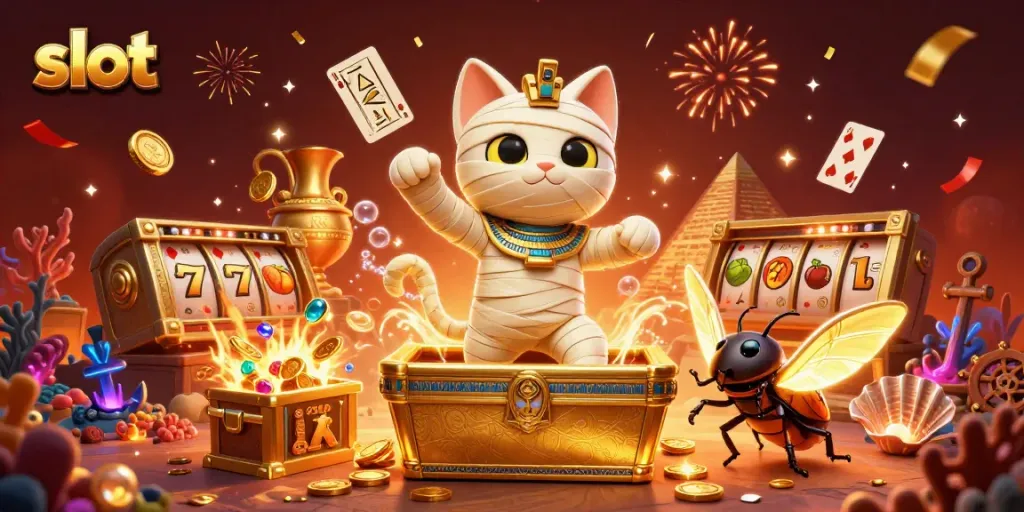 Slot dengan karakter kucing mumi dan elemen kasino yang mencolok, menghadirkan semangat permainan.