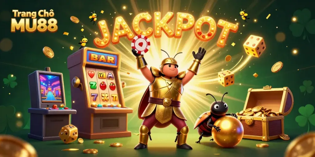 Engage with Trang Chủ MU88 through a vibrant painting of a beetle champion lifting a poker chip amidst a whirlwind of casino excitement.