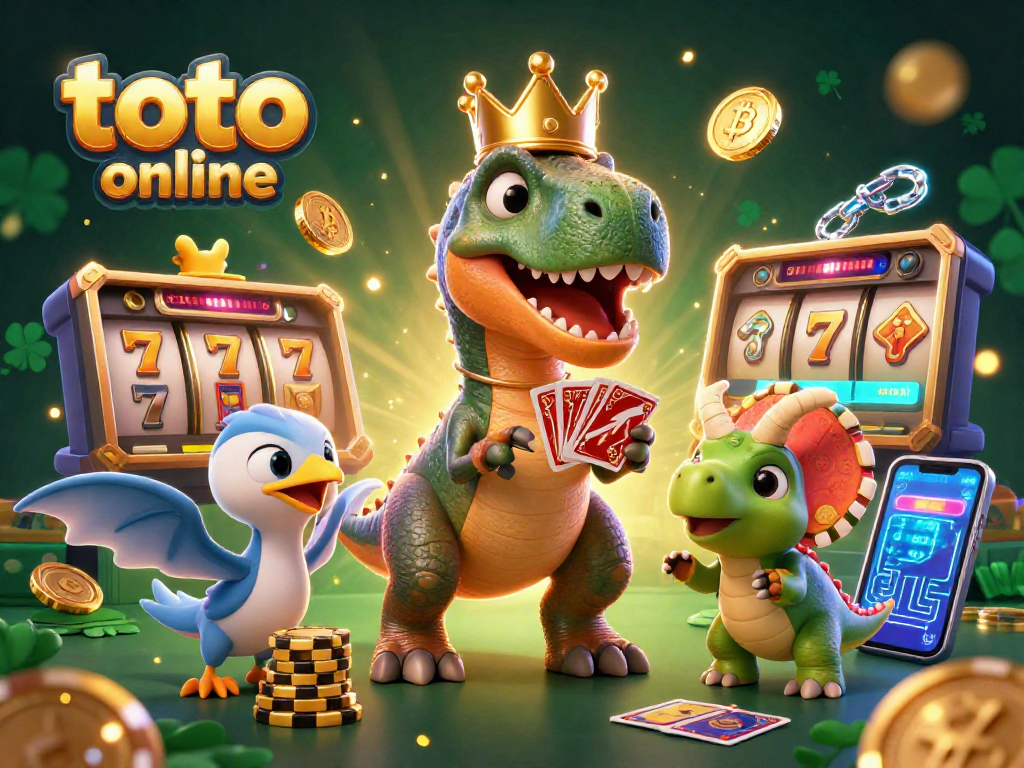 Menangkan toto online dengan karakter menarik seperti T-Rex dan Prasasti yang penuh chip emas.