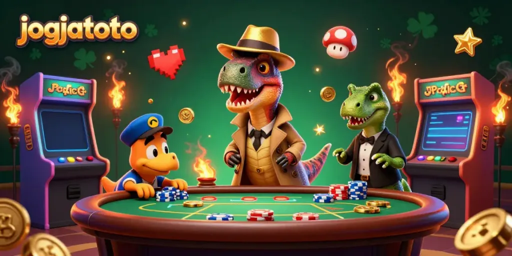 Exciting scene showcasing a velociraptor at a blackjack table in jogjatoto's vibrant casino.