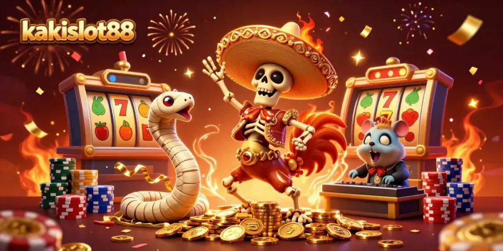 Permainan slot di kakislot88 dengan karakter lucu merayakan kemenangan di tumpukan koin emas.