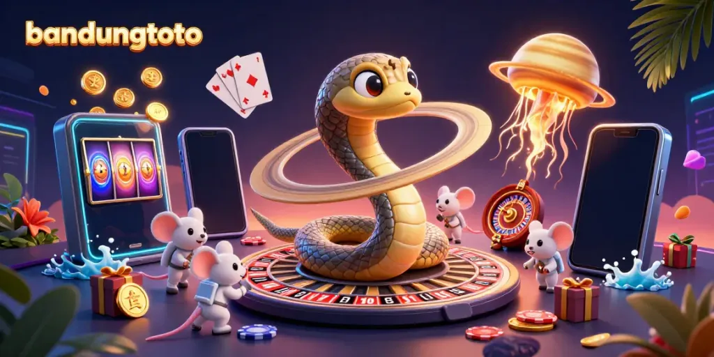 Experience bandungtoto's thrilling gameplay with a vibrant casino-themed 3D scene featuring unique characters.