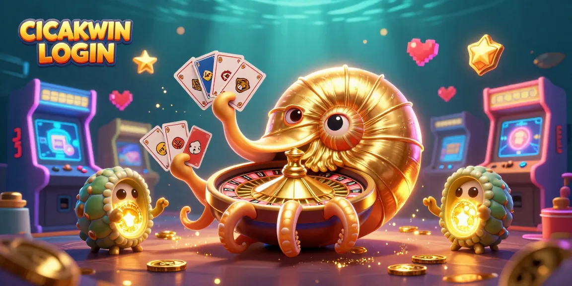 CICAKWIN LOGIN initiates fun with a vibrant gaming experience featuring a golden spiral roulette and glowing ammonite companions.