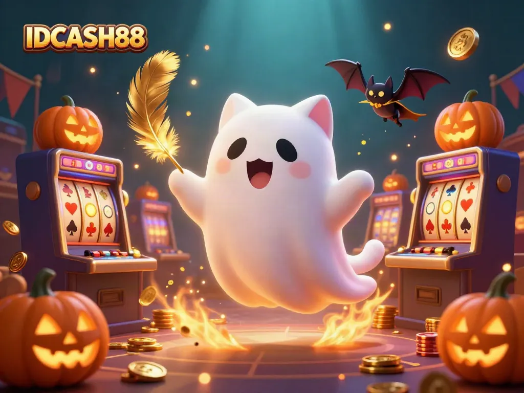 Experience the thrilling vibes of IDCASH88 with a playful ghost cat and vampire bat in a vibrant casino scene.