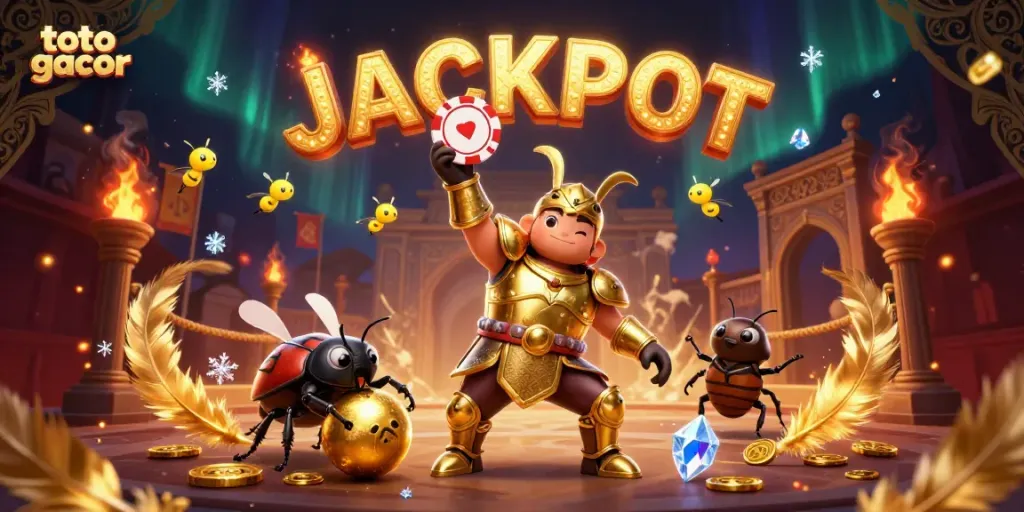 Spin to win with the exciting toto gacor gaming adventure illustrated by a 3D cartoon beetle champion.