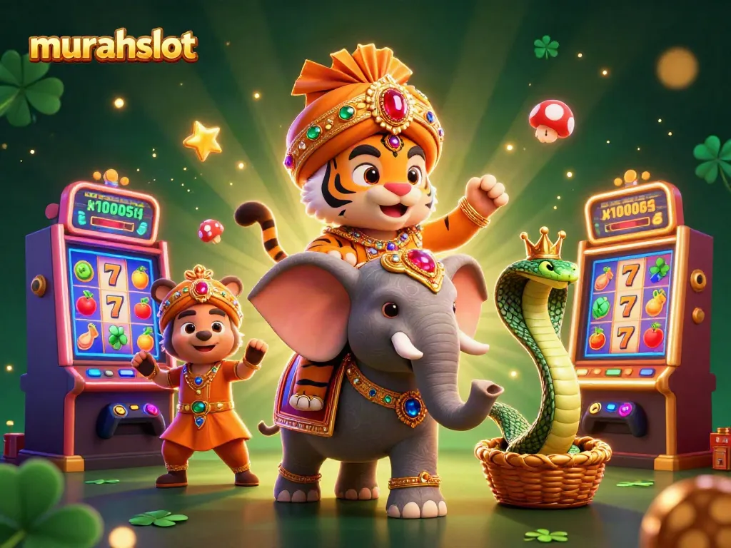 Spin the reels at murahslot with a vibrant 3D gaming scene featuring a regal maharaja and colorful slot machines.