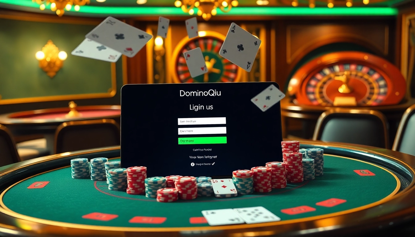 Play exciting online poker on Dominoqiu with vibrant casino tables and colorful poker chips.