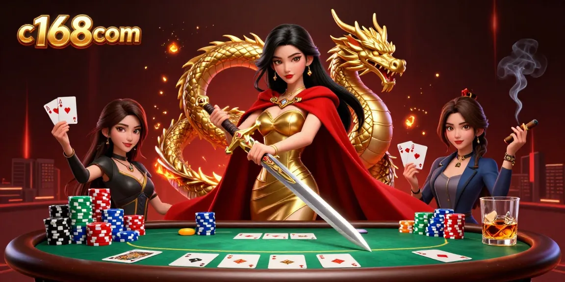 Engage with thrilling action at c168com featuring a warrior queen and golden dragon at a vibrant poker table.