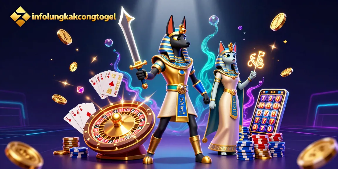 Experience thrilling gaming at infolengkapcongtogel with Anubis and Bastet amidst cascading coins and gems.