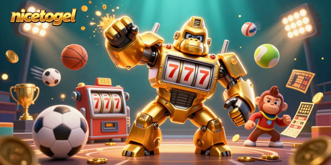Experience the excitement of nicetogel with a dynamic 3D illustration showcasing vibrant symbols and characters.