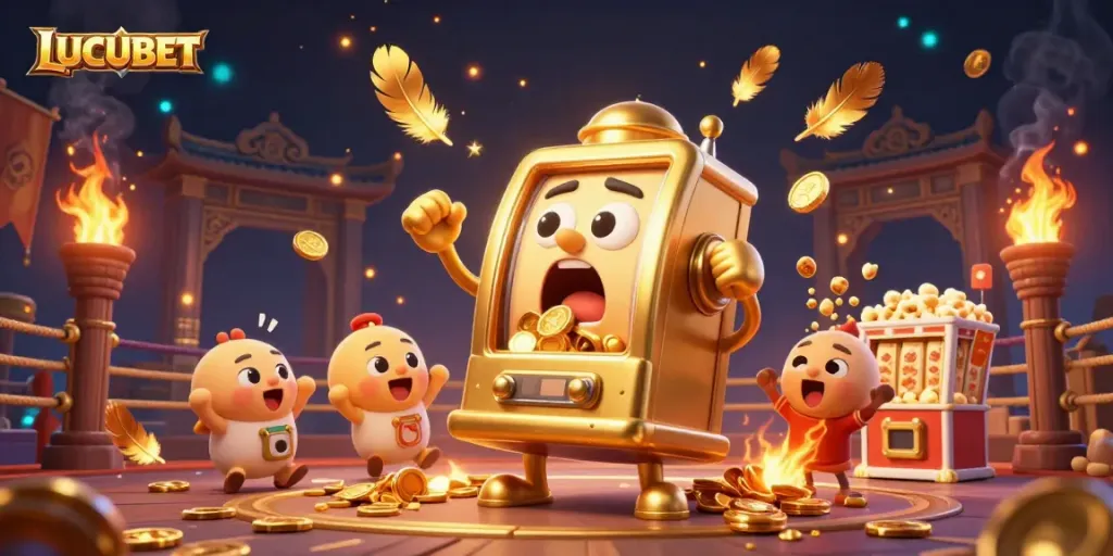 LUCUBET celebrates a golden slot machine jackpot moment amid cheering smaller machines in a vibrant casino scene.