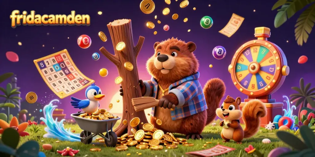 Experience fridacamden's exciting lottery scene with a 3D beaver and vibrant characters amidst gold coins.