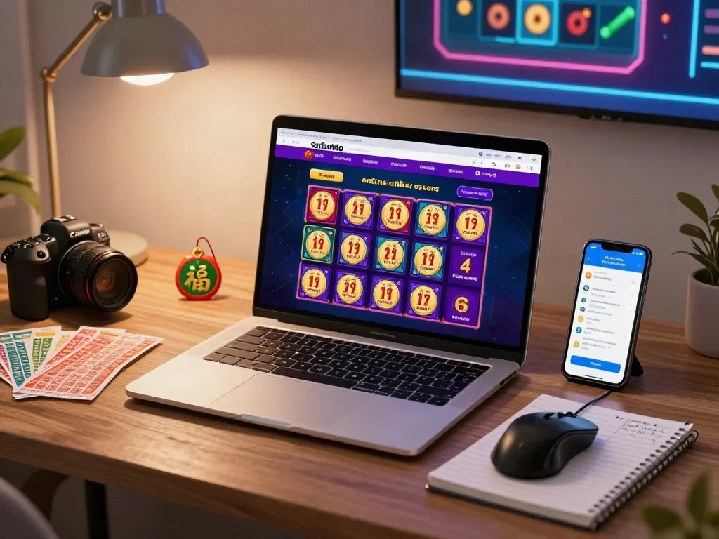 Engaging Seributoto Login scene with colorful betting interface and user in a cozy home office.