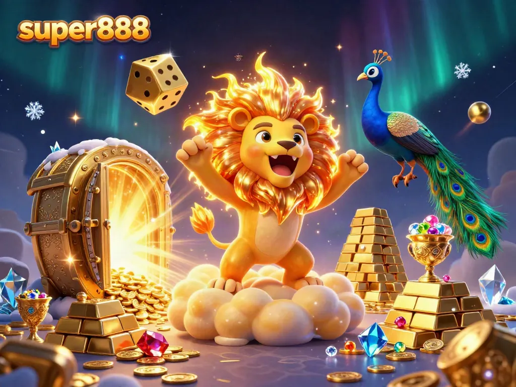 Raih keberuntungan dengan super888 melalui ilustrasi kasino mewah yang menampilkan harta karun dan simbol permainan.