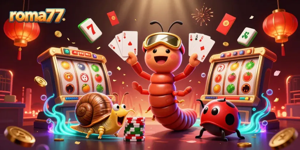 Ilustrasi 3D mencolok dari karakter dealer kartun dan simbol slot di kasino roma77 yang menggerakkan kemenangan.